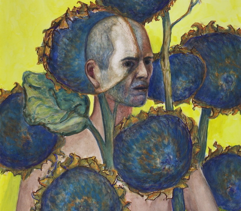 l'home-tournesol 2019,watercolor and pastel on paper, 105 x 75 cm @jörglanghans